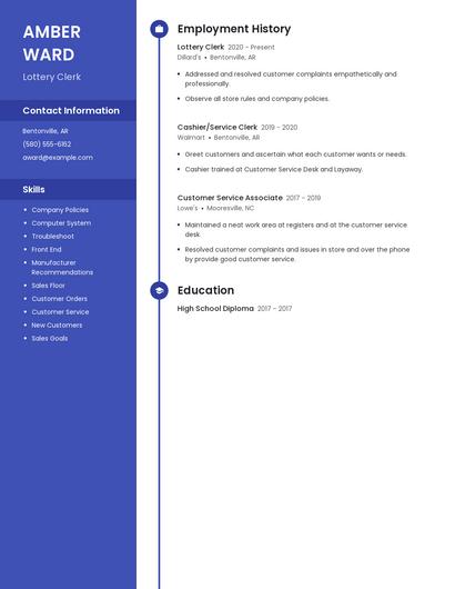 Lottery Clerk Resume