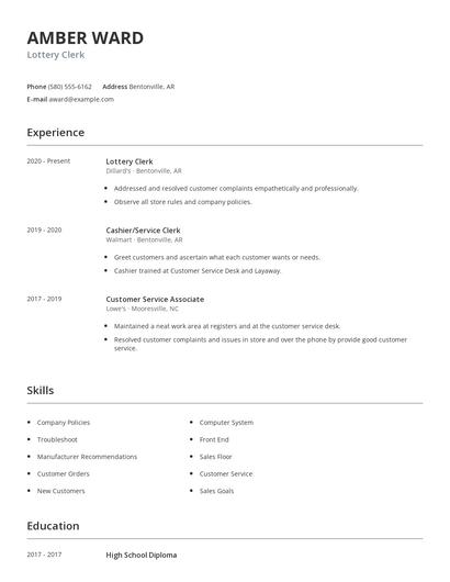 Lottery Clerk Resume