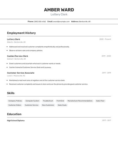 Lottery Clerk Resume