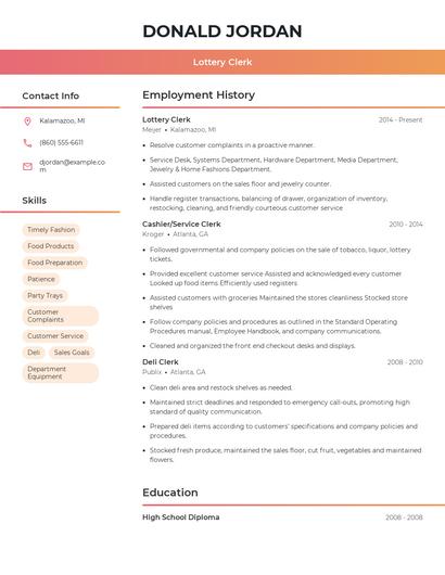Lottery Clerk Resume