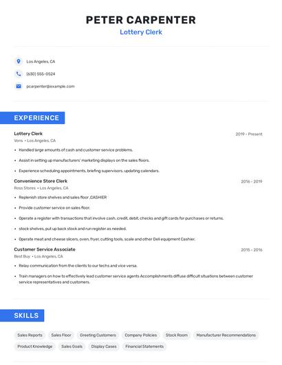 Lottery Clerk Resume