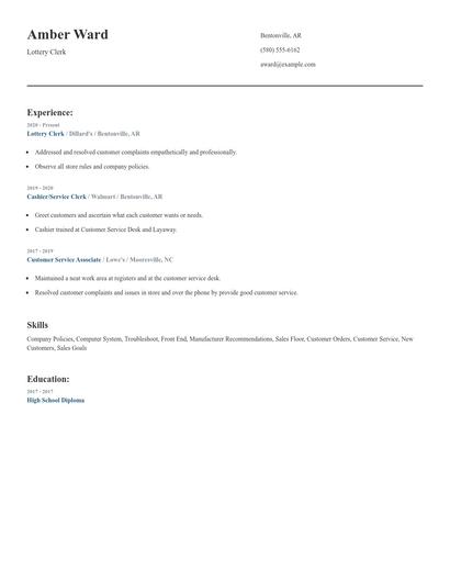 Lottery Clerk Resume