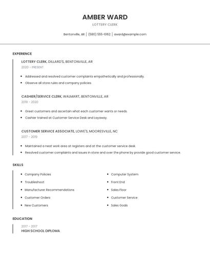 Lottery Clerk Resume
