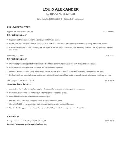 Lubricating Engineer Resume