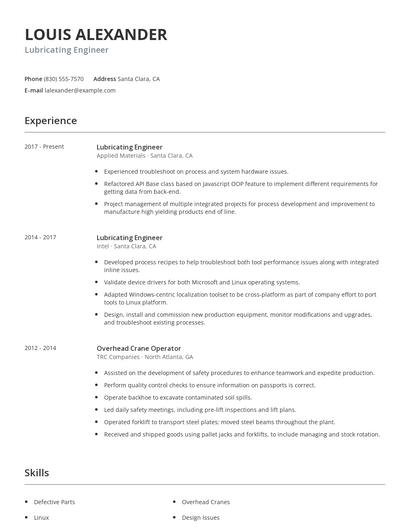 Lubricating Engineer Resume