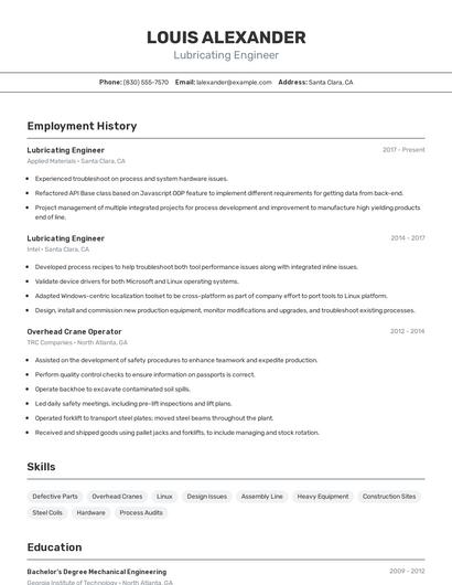 Lubricating Engineer Resume