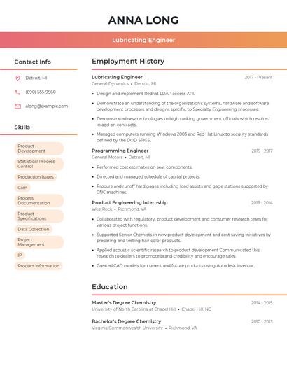 Lubricating Engineer Resume