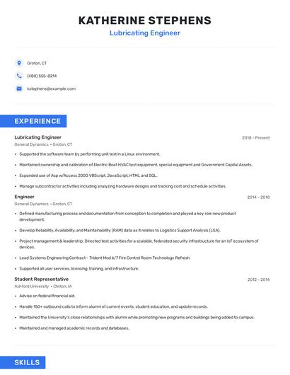 Lubricating Engineer Resume