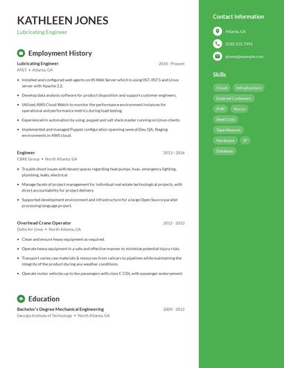 Lubricating Engineer Resume