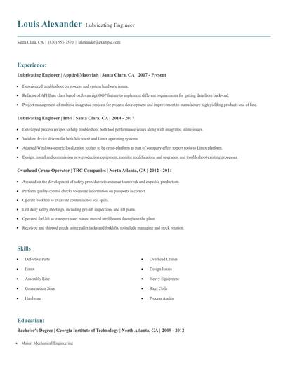 Lubricating Engineer Resume