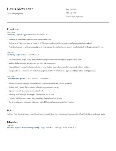 Lubricating Engineer Resume