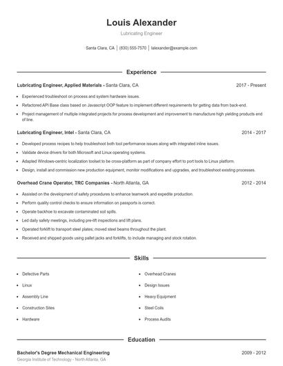 Lubricating Engineer Resume