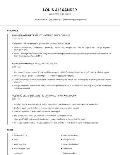 Lubricating Engineer Resume