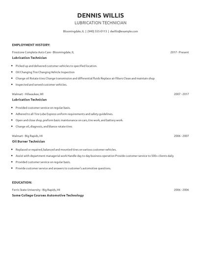 Lubrication Technician Resume