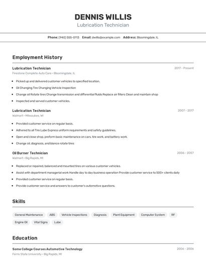 Lubrication Technician Resume