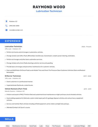 Lubrication Technician Resume
