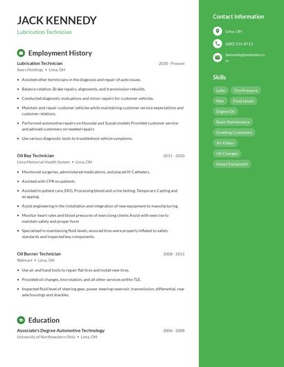 Lubrication Technician Resume