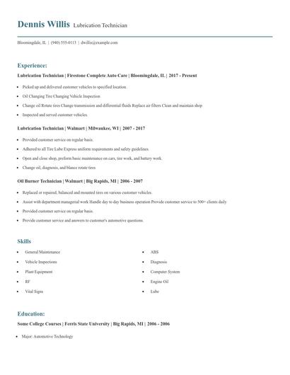 Lubrication Technician Resume