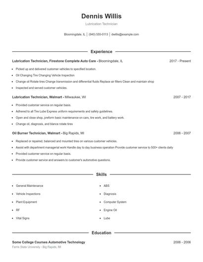 Lubrication Technician Resume