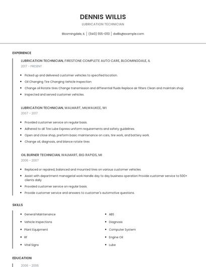Lubrication Technician Resume