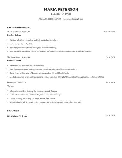 Lumber Driver Resume