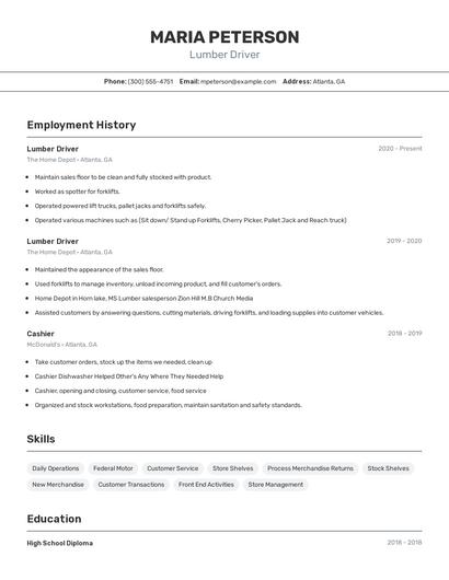 Lumber Driver Resume