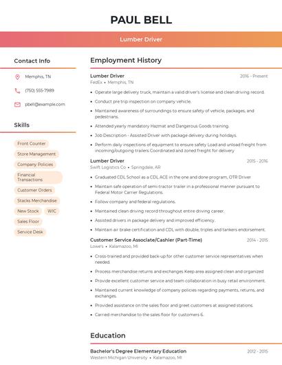 Lumber Driver Resume