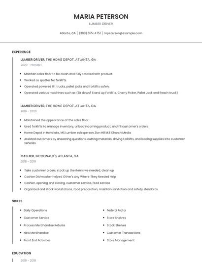 Lumber Driver Resume