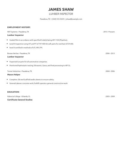 Lumber Inspector Resume