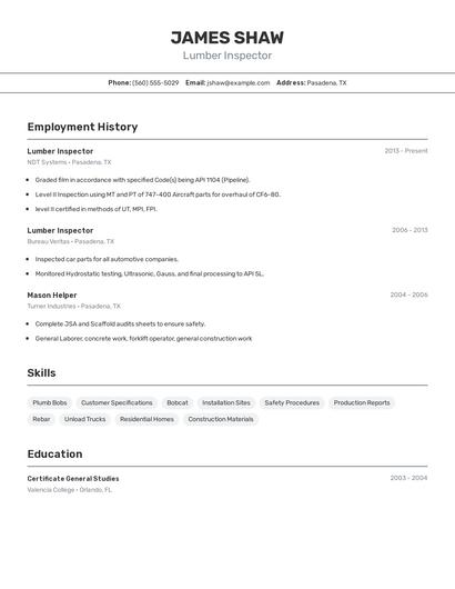 Lumber Inspector Resume