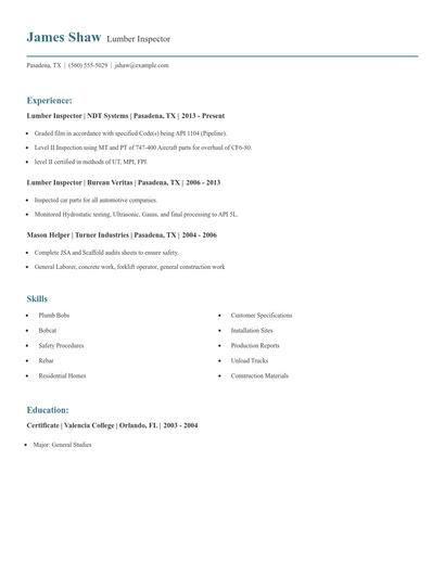 Lumber Inspector Resume