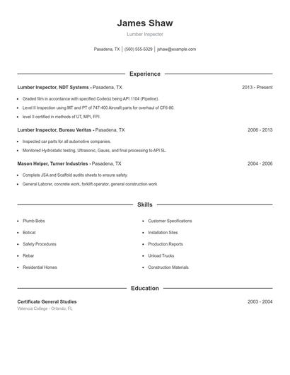 Lumber Inspector Resume