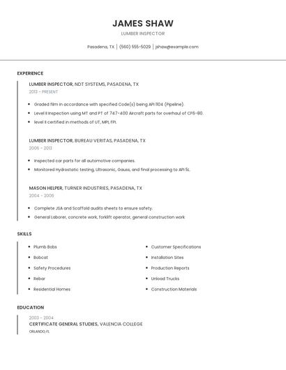 Lumber Inspector Resume
