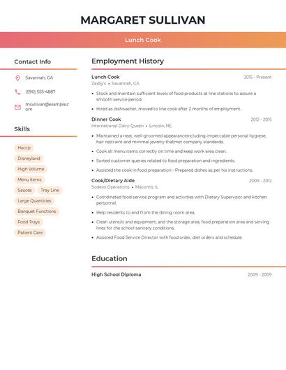 Lunch Cook Resume
