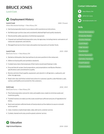 Lunch Cook Resume