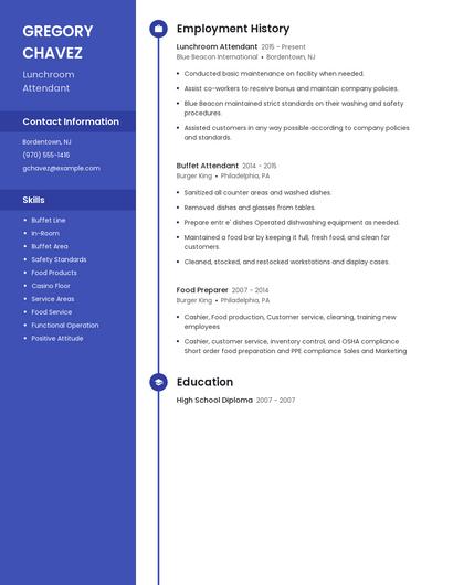 Lunchroom Attendant Resume
