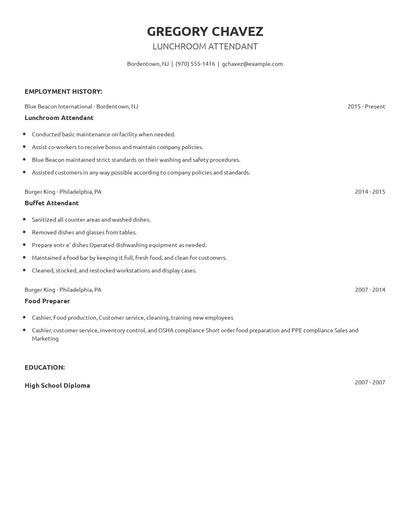 Lunchroom Attendant Resume