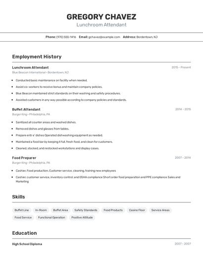 Lunchroom Attendant Resume