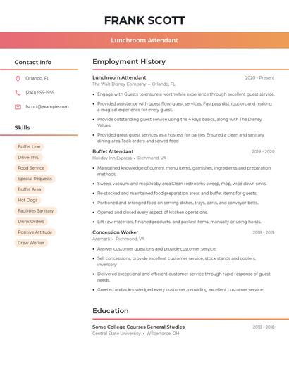 Lunchroom Attendant Resume
