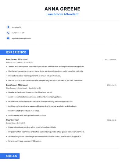 Lunchroom Attendant Resume