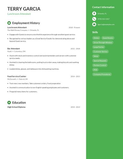 Lunchroom Attendant Resume