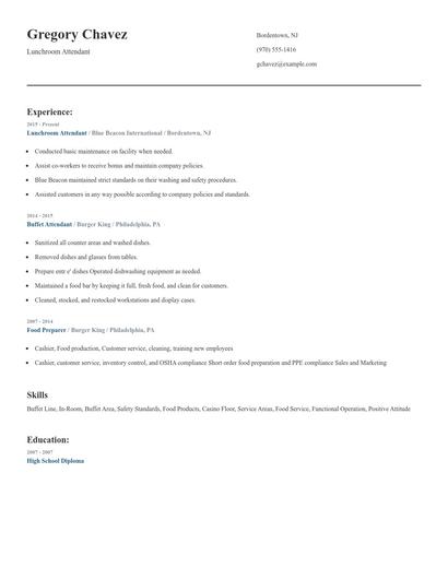 Lunchroom Attendant Resume