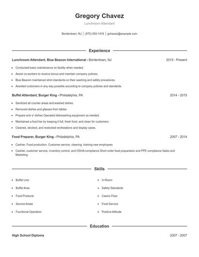 Lunchroom Attendant Resume