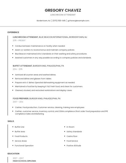 Lunchroom Attendant Resume