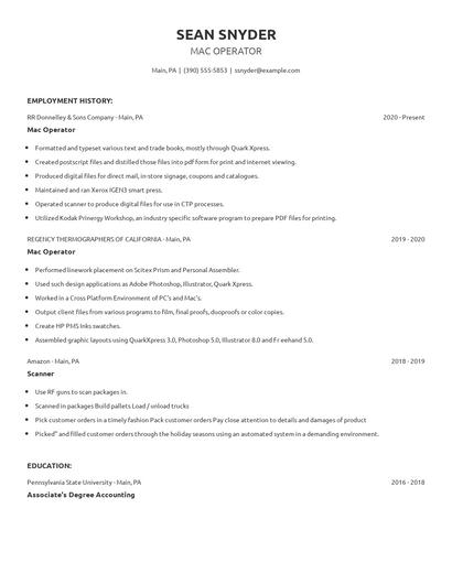 Mac Operator Resume