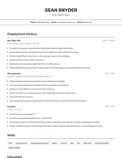 Mac Operator Resume