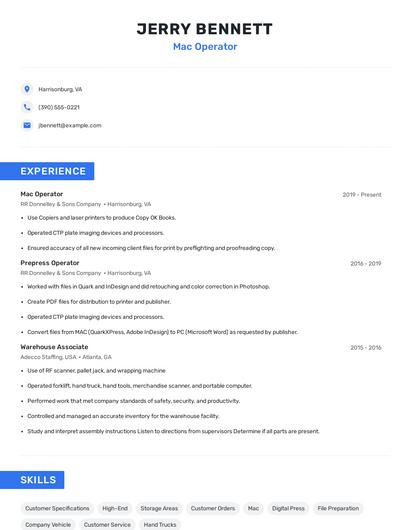 Mac Operator Resume