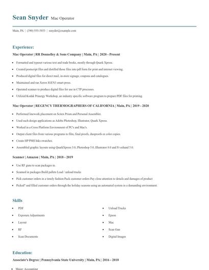 Mac Operator Resume