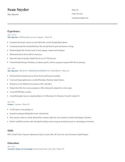 Mac Operator Resume
