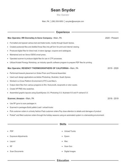 Mac Operator Resume